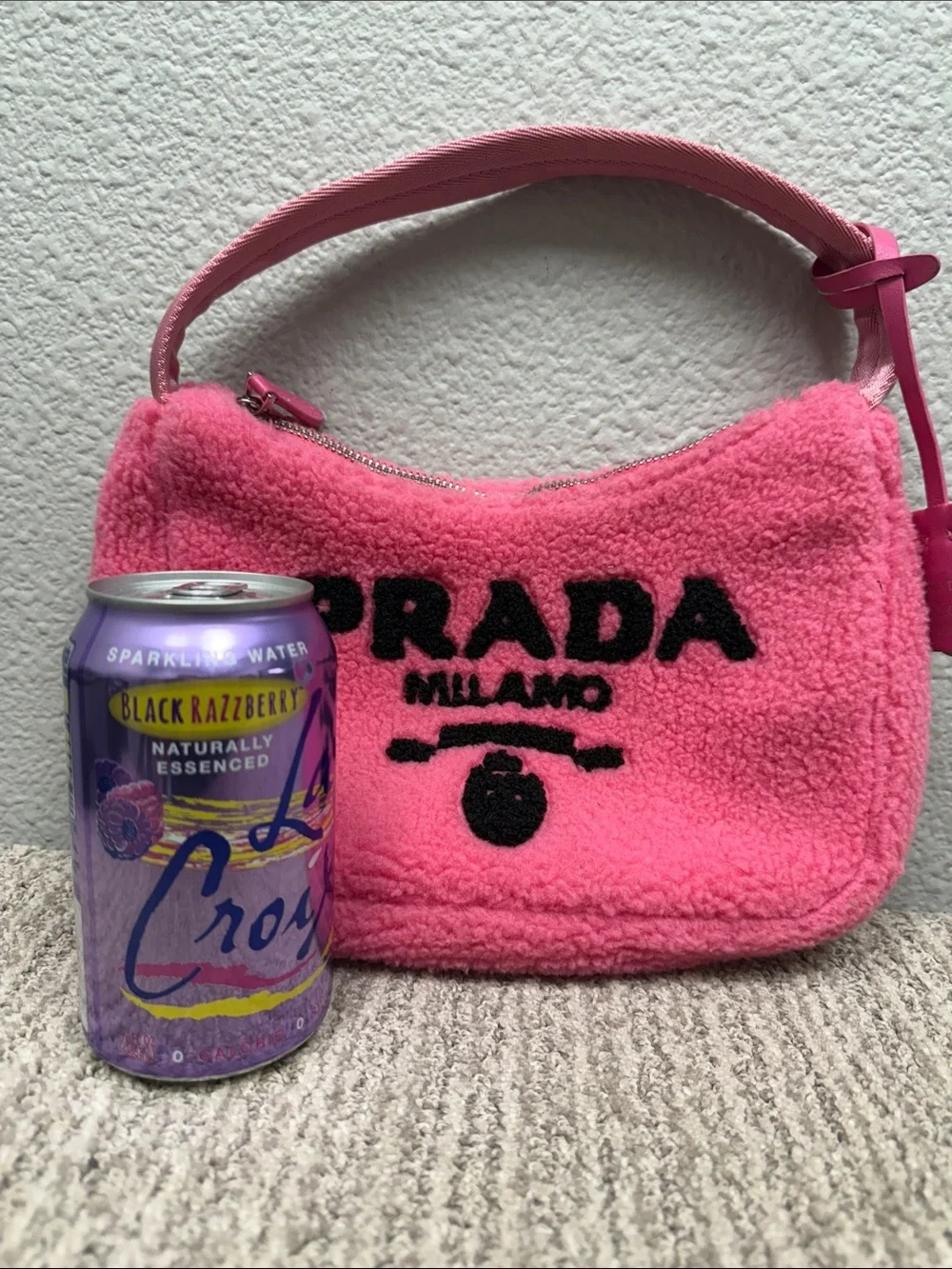 Source Unknown Bright Pink Shearling Shoulder Bag with Black Logo